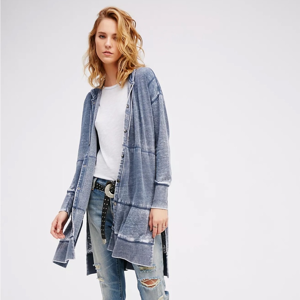 We The Free Gray, Blue Lightweight Davis Cardi Tunic Hoodie, Cardigan